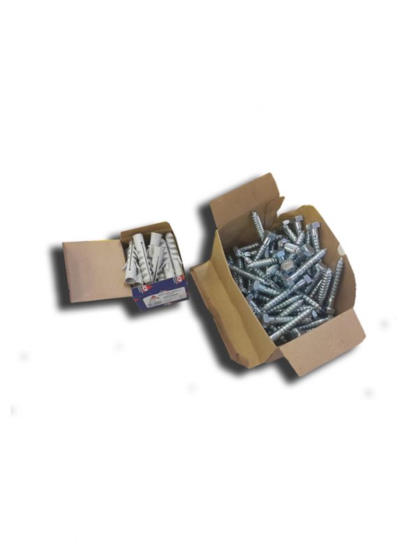 Box of 50 – Heavy Duty Bolts, Washers, Wall Plugs (14mm)